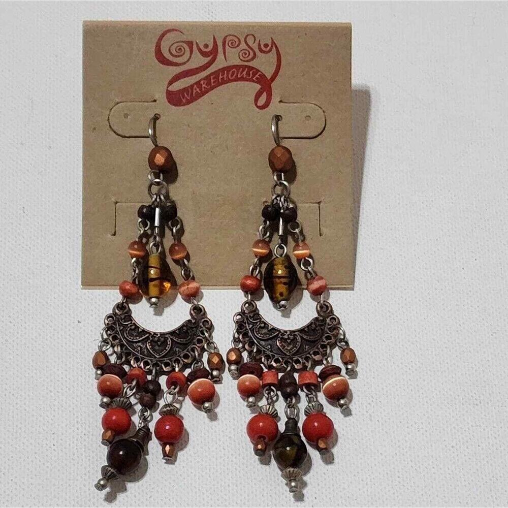 Treska Gypsy Boho Beaded Chandelier Earrings Orange Red Amber Silver Tone